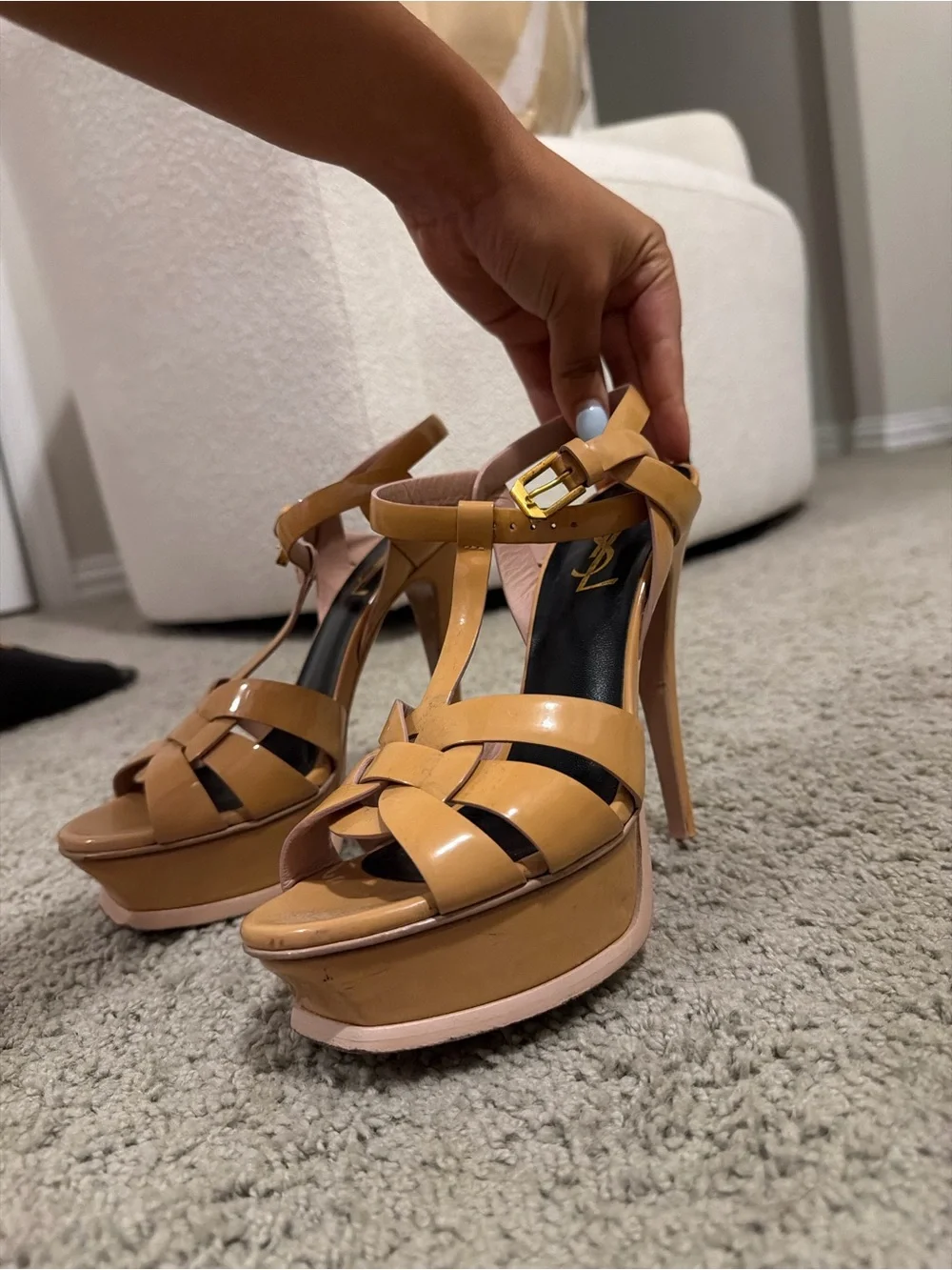 Yves Saint Laurent Tan Leather Woven Slingback Heels